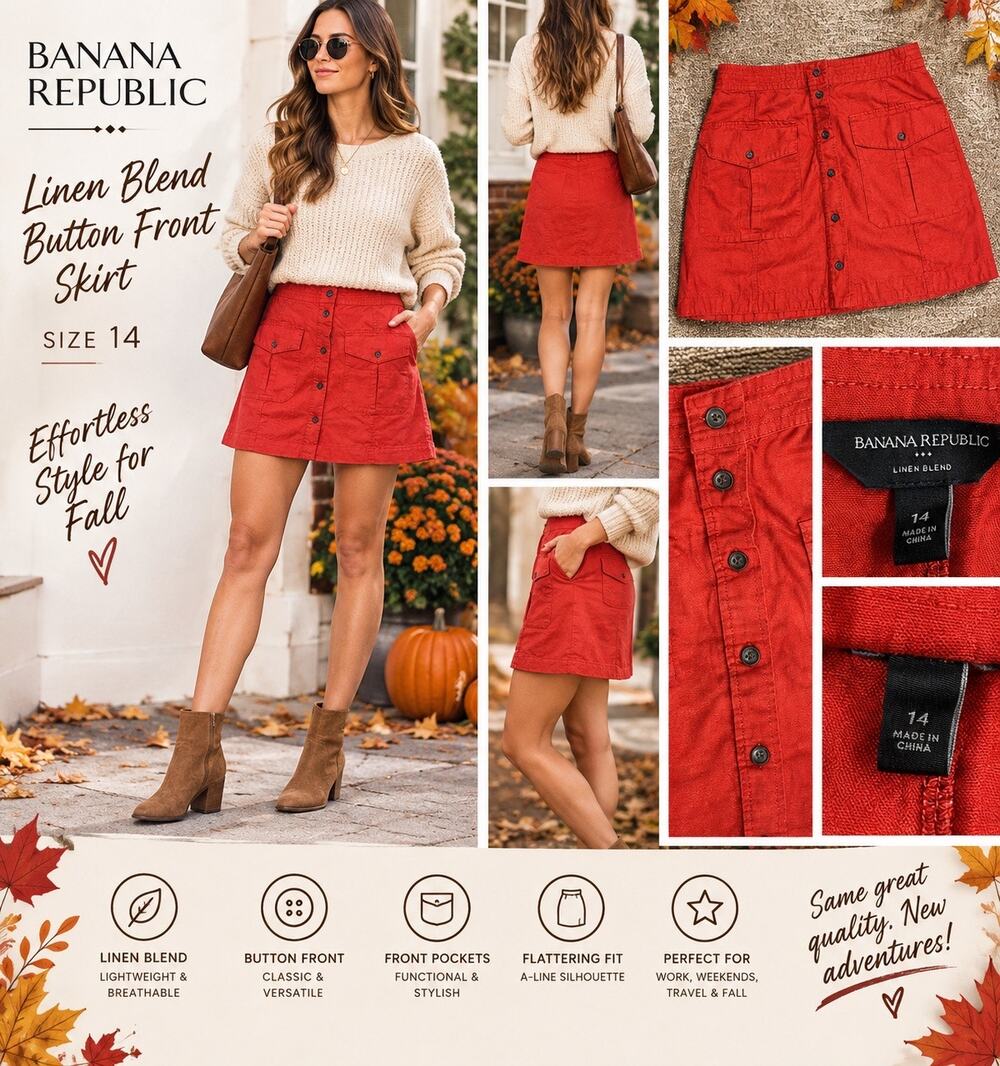 Banana Republic Linen Blend Button Front Mini Skirt Red Size 14 Fall Y2K